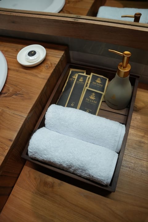 Family Wooden House | Bathroom | Shower, free toiletries, hair dryer, slippers