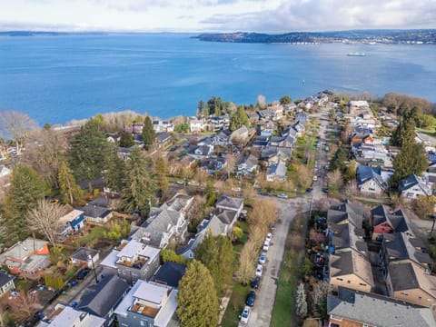 This aerial shot showcases breathtaking views of the city skyline and water view.