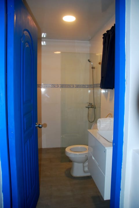 Combined shower/tub, rainfall showerhead, towels