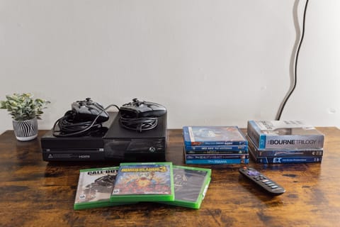 Xbox, Xbox games, and TONS of DVDs (find the rest of the DVDs in the king room around the corner)