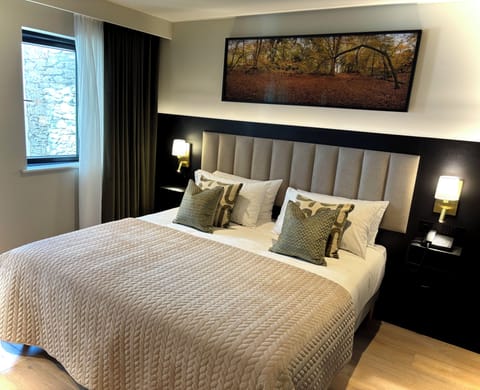 Hypo-allergenic bedding, desk, laptop workspace, iron/ironing board