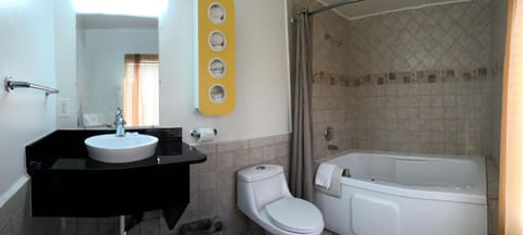 Combined shower/tub, hair dryer, towels