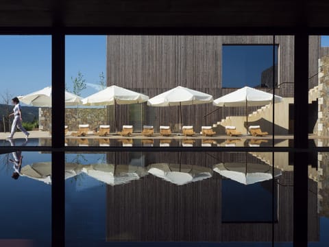 Indoor pool, outdoor pool, sun loungers