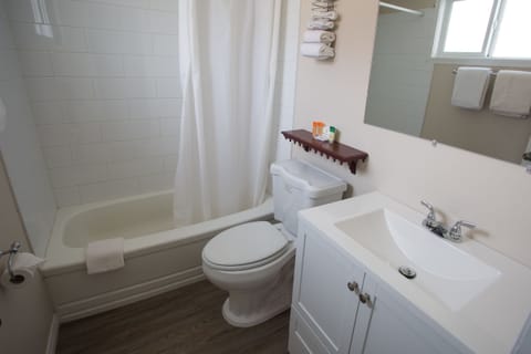 1 Queen Bed Kitchenette | Bathroom | Combined shower/tub, free toiletries, hair dryer, towels
