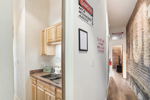 Peeking into the fully stocked kitchen