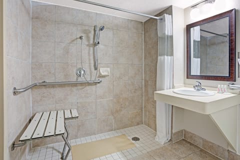 Room, 1 Queen Bed (Mobility, Roll-In Shower) | Bathroom | Combined shower/tub, free toiletries, hair dryer, towels