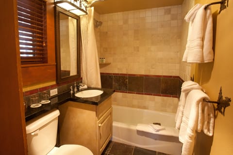 Combined shower/tub, free toiletries, hair dryer, bathrobes