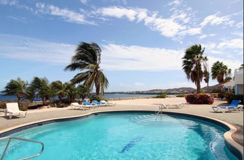 Outdoor pool, pool umbrellas, sun loungers