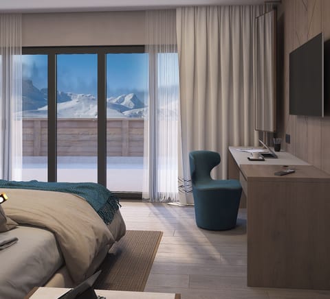 Luxury Studio Suite, Mountain View | In-room safe, desk, laptop workspace, blackout drapes