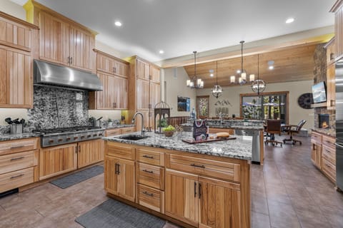 The kitchen opens up into the dining room for easy serving.