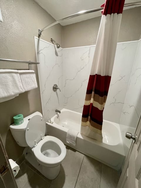 Combined shower/tub, free toiletries, towels