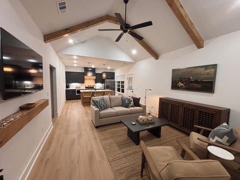 Living room with Smart TV and pullout couch with queen bed