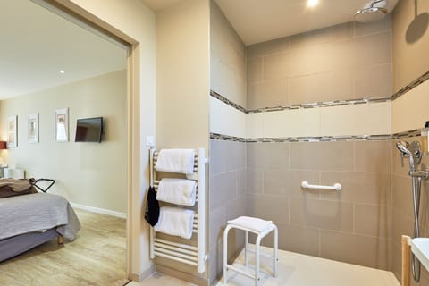 Shower, free toiletries, hair dryer, towels