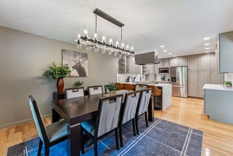 Elegant dining room with views of the yard