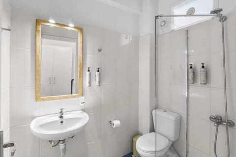 Hair dryer, towels, soap, shampoo