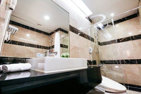 Bathroom | Shower, hair dryer, bathrobes, slippers