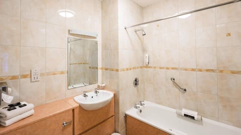 Shower, free toiletries, hair dryer, towels