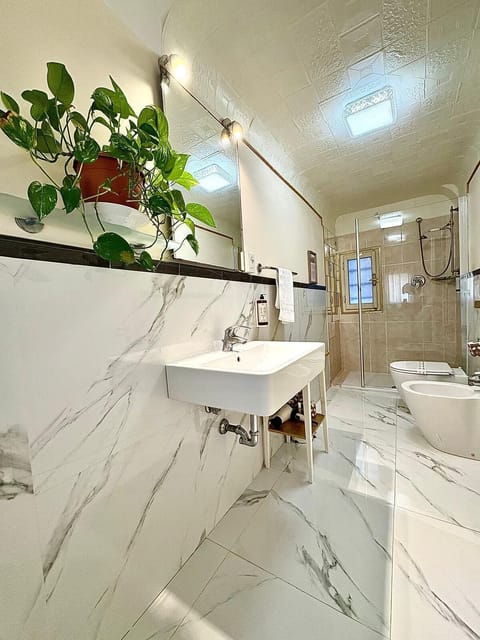 Shower, rainfall showerhead, hair dryer, slippers