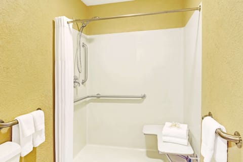 Combined shower/tub, free toiletries, hair dryer, towels