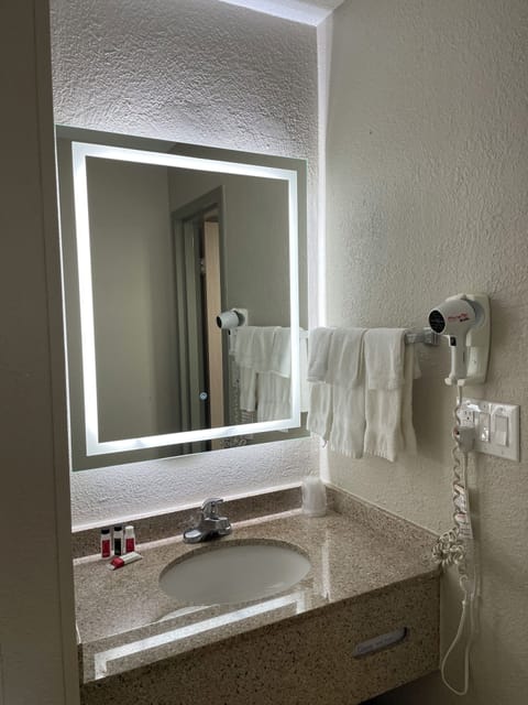 Combined shower/tub, free toiletries, hair dryer, towels