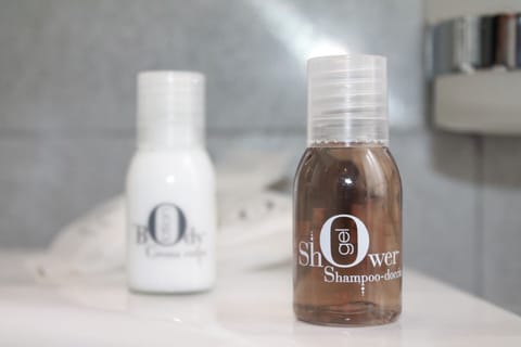 Shower, hydromassage showerhead, free toiletries, hair dryer