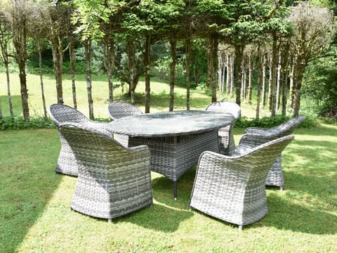 Outdoor Furniture, Furniture, Outdoor Table, Chair, Garden, Groundcover, Wicker, Lawn, Landscaping, Backyard