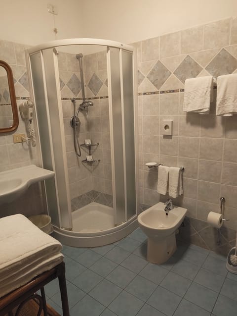 Shower, hair dryer, towels, toilet paper