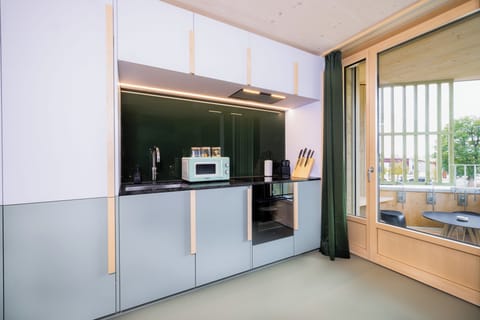 Modern Studio with Balcony | Private kitchen | Full-size fridge, oven, stovetop, dishwasher