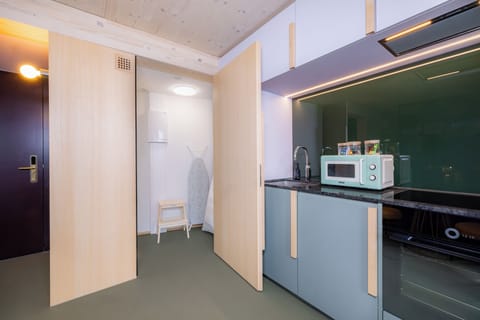 Modern Studio with Balcony | Private kitchen | Full-size fridge, oven, stovetop, dishwasher