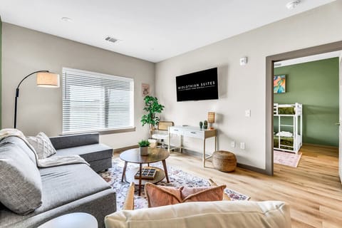 Living room with workspace