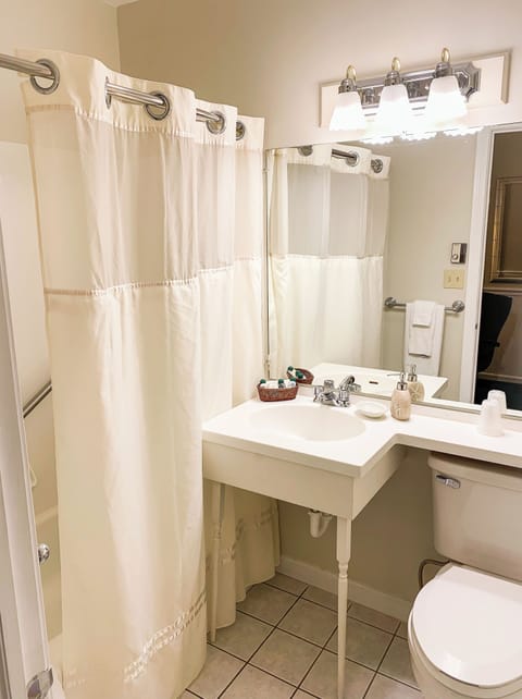 Combined shower/tub, free toiletries, hair dryer, towels