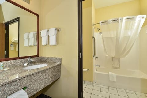 Combined shower/tub, free toiletries, hair dryer, towels