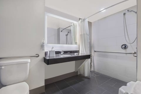 Room, 1 King Bed, Accessible (Mobility & Hearing, Roll-In Shower) | Bathroom | Combined shower/tub, free toiletries, hair dryer, towels