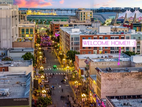 Lively city view with shops and evening lights