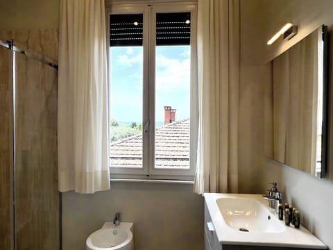 Shower, hair dryer, slippers, towels