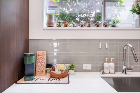 tart your day at this cheerful coffee bar with a Keurig and fresh supplies.