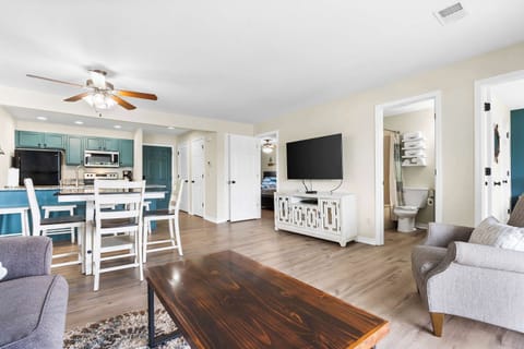 Bright living area with sofa sleeper, and TV