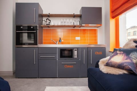 Apartment, City View | Private kitchen | Fridge, microwave, oven, stovetop