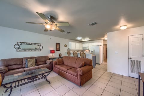 Living room has a sofa sleeper!