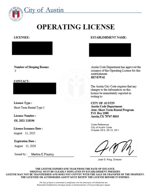 STR license for the City of Austin