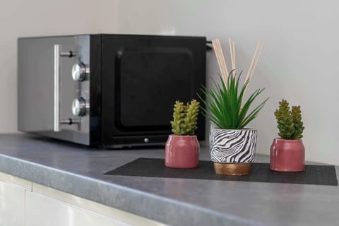 A compact kitchen setup with a microwave, a black backsplash, and potted plants. The modern design creates a clean and stylish look