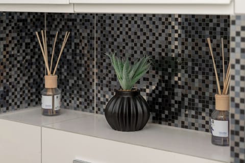 A decorative shelf above the toilet with elegant diffusers and a small artificial plant. The setup adds a refined touch to the bathroom.