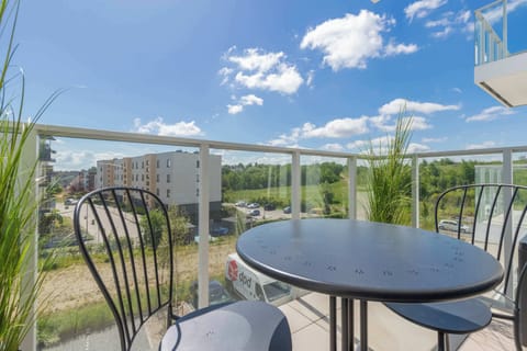 A spacious balcony with a modern black table and three matching chairs, enclosed by a glass railing and decorated with tall green plants, offers a relaxing view of the residential area, greenery, and a bright blue sky with soft white clouds.