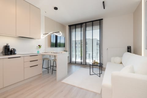 The kitchenette with light-colored cabinets and built-in appliances like dishwasher, impresses with its modern design and practical layout.