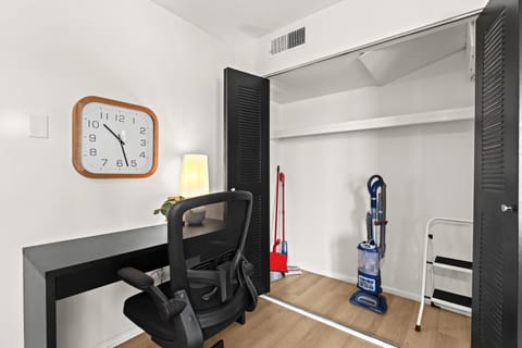 Dedicated work area with desk and chairâideal for remote work or planning your next adventure.