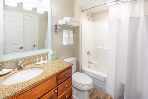 Studio, 1 Queen Bed | Bathroom | Combined shower/tub, hair dryer, towels