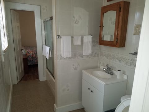 Combined shower/tub, free toiletries, towels