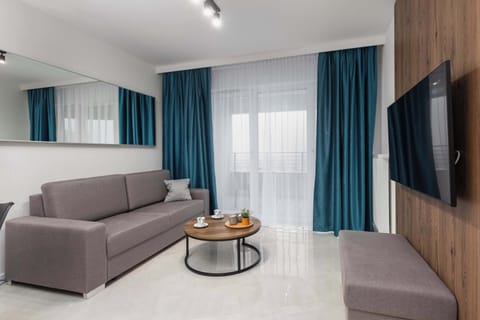 A comfortable and stylish living room with a grey sofa, coffee table, and a wall-mounted TV. The perfect spot to unwind and relax.