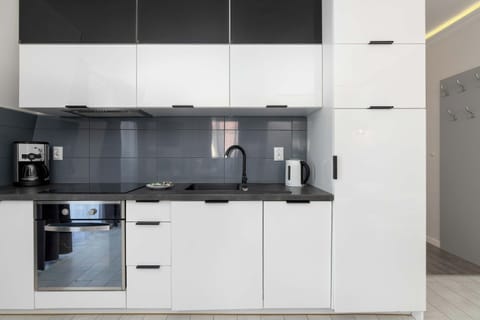 Modern kitchenette with white cabinetry and built-in appliances, integrated into the living area.