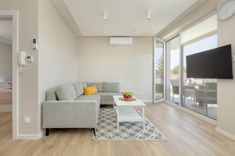 Stylish living room with sofa bed, TV and access to the balcony.